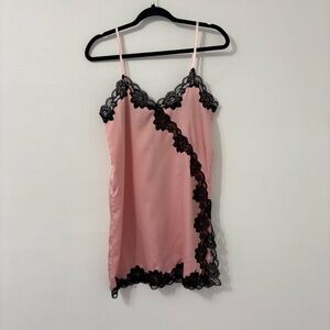 Vintage Katsy Lingerie Black Lace Pink Slip Dress Sz S